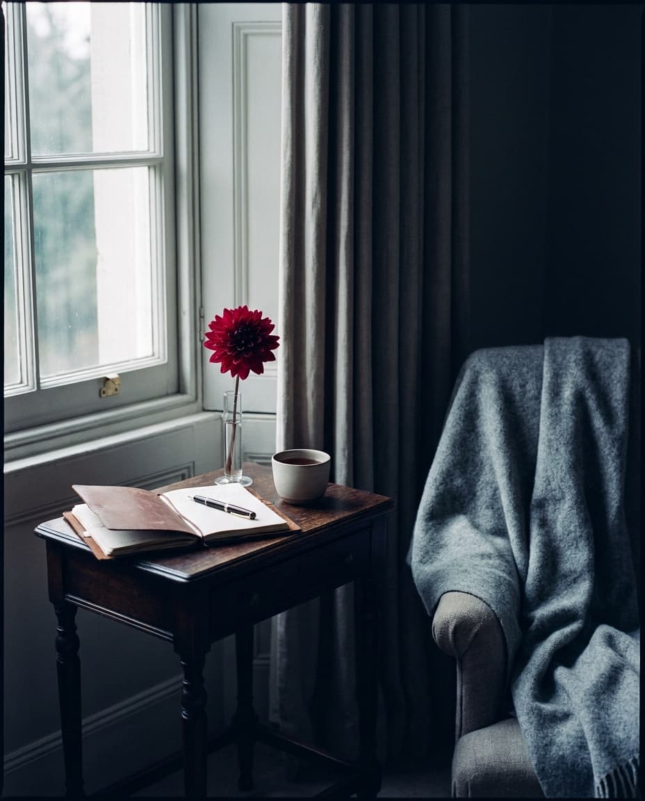 Ruhige Ecke der Praxis mit Notizbuch, Tee und einer Blume am Fenster
